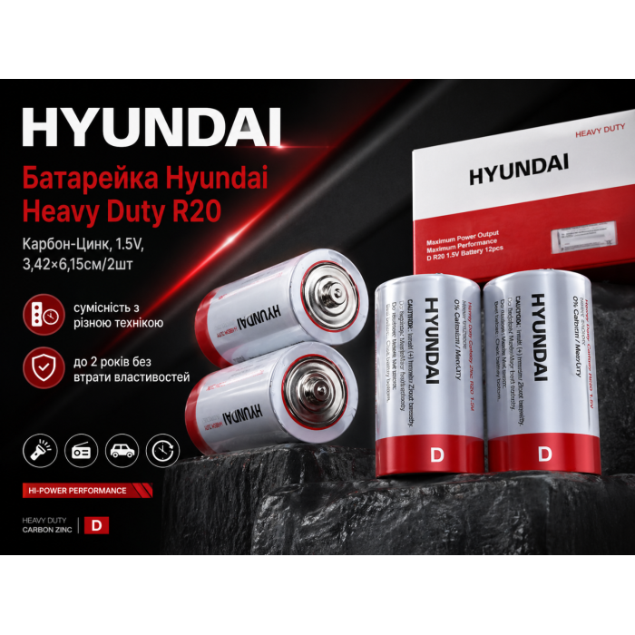 Батарейки Hyundai Heavy Duty R20 Карбон-Цинк, 1.5V, 3,42×6,15см/2шт