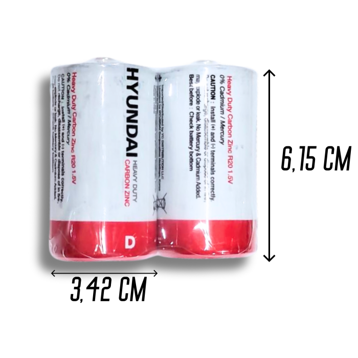 Батарейки Hyundai Heavy Duty R20 Карбон-Цинк, 1.5V, 3,42×6,15см/2шт