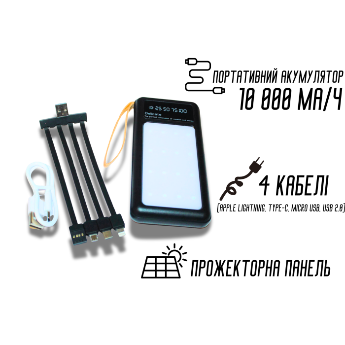 Power Bank Viaking Y158 10000 мАч портативный аккумулятор с прожекторной панелью и 4 кабелями Power Bank Viaking Y158 10000 мАч портативный аккумулятор с прожекторной панелью и 4 кабелями