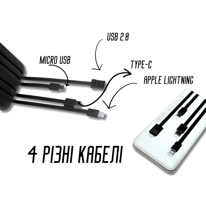 Power Bank Viaking GB059 10000 мАг портативний акумулятор із ліхтариком індикатором зарядки та 4 кабелями