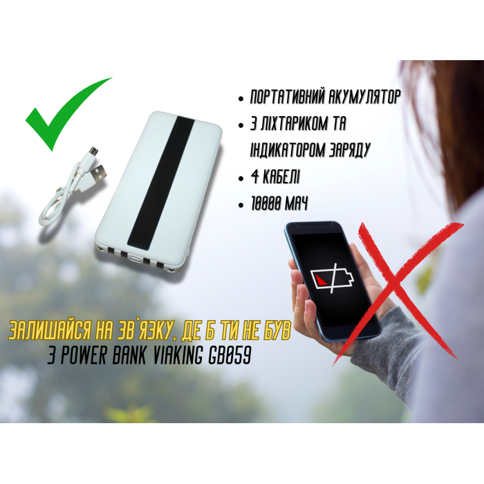 Power Bank Viaking GB059 10000 мАг портативний акумулятор із ліхтариком індикатором зарядки та 4 кабелями