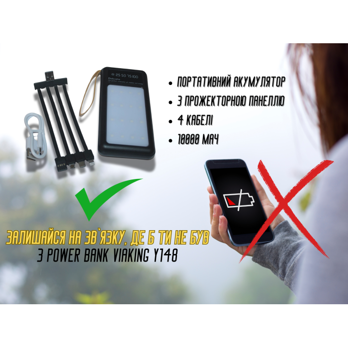 Power Bank Viaking Y158 10000 мАч  портативный аккумулятор с прожекторной панелью и 4 кабелями 