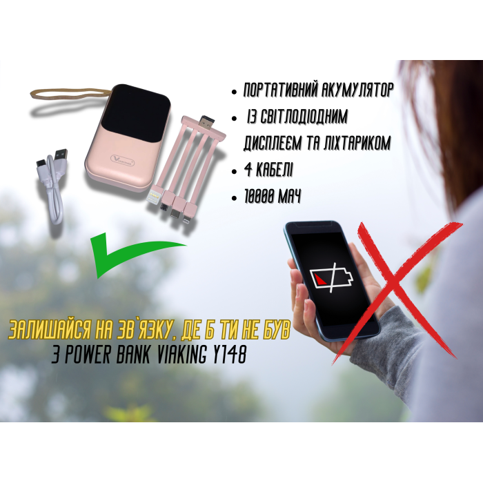 Power Bank Viaking Y148 10000 мАч портативный аккумулятор со светодиодным дисплеем фонариком и 4 кабелями 
