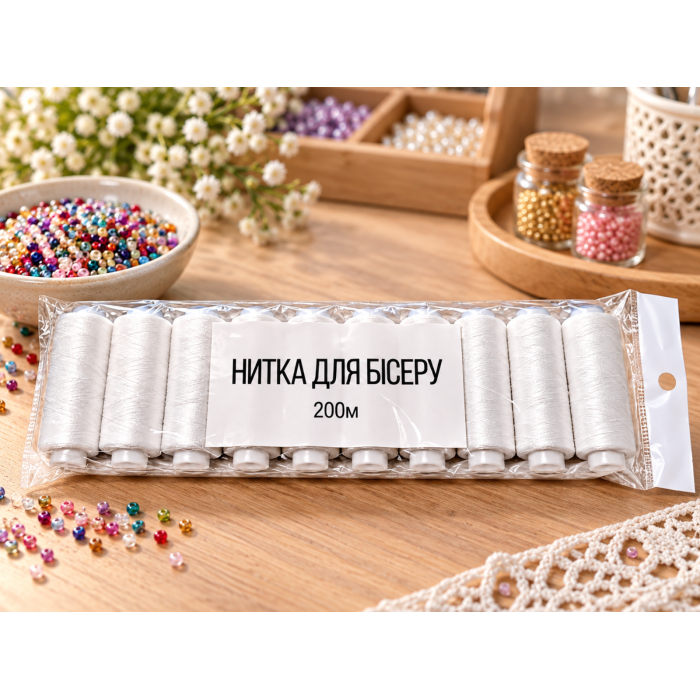 Нитки для бисера белые 150D упаковка 10шт