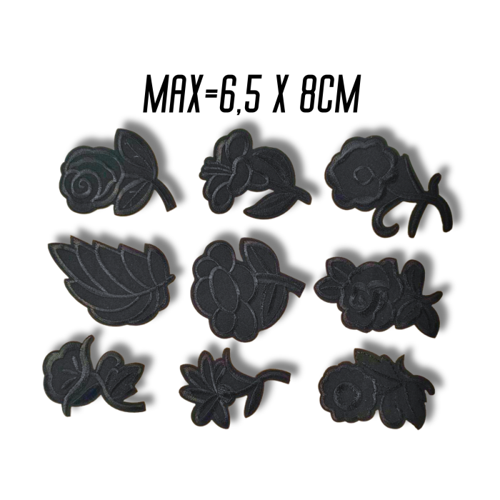 Аппликация для одежды нашивка №133 черные цветы разные 9шт/max=6.5х8см