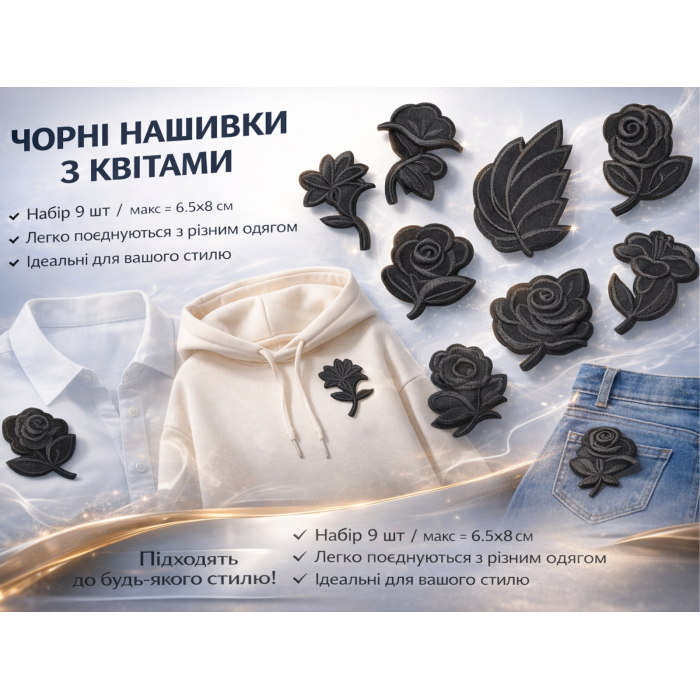 Аппликация для одежды нашивка №133 черные цветы разные 9шт/max=6.5х8см