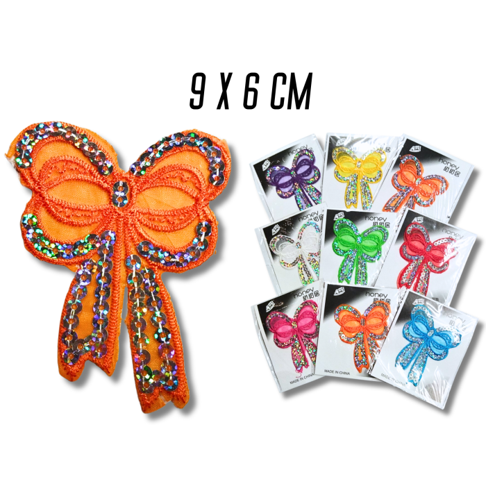 Аппликация для одежды нашивка №217 цветные бантики с паетками 9шт/9х6см