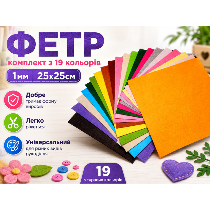 Фетр комплект из 19 цветов/1мм/25х25см