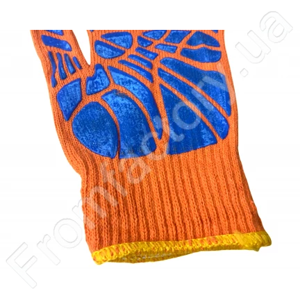 Перчатки хозяйственные трикотажные уплотненные с ПВХ точкой оранжевые 1пара