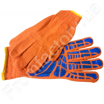 Перчатки хозяйственные трикотажные уплотненные с ПВХ точкой оранжевые 1пара